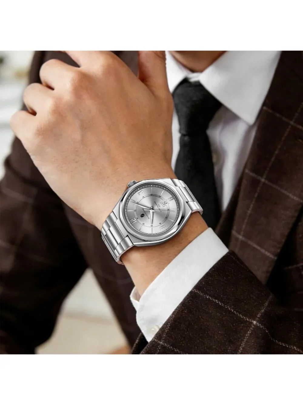Men's Silver/White Numeral Dial Stainless Steel Strap Analog Quartz Wrist Watch